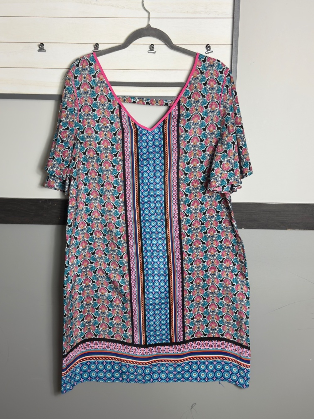 NY COLLECTION bell short sleeve midi no stretch dress keyhole floral